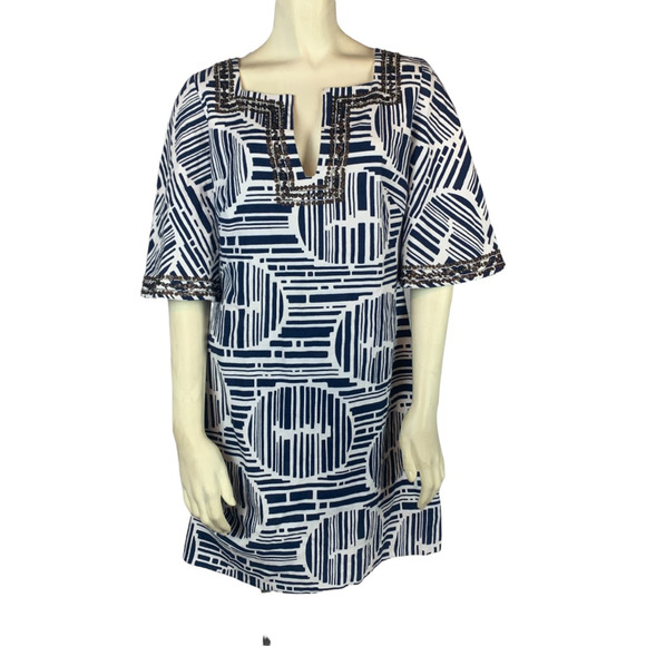 Trina Turk Womens Lek Bamboo Forest Shift Dress White Blue Geometric Sequin M/L - Picture 1 of 12